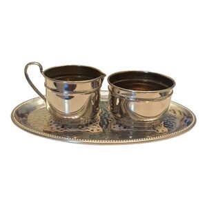 Vintage German Silver Sugar & Creamer Set W Oval Tray & 2 Crocheted Doilies
